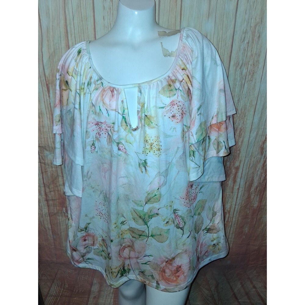 Astrologie Multicolor Floral Short Sleeve Rhinestone Blouse Sz XXXL